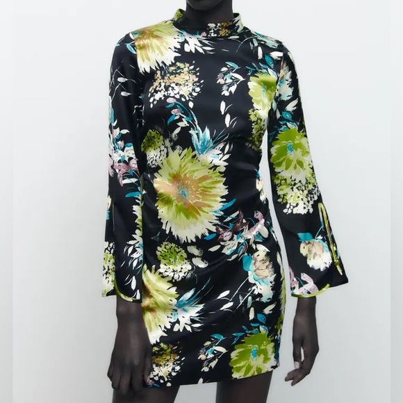 Zara Black Floral Printed Gathered Long Sleeve Mini Dress 7969/257/330 - Picture 1 of 11
